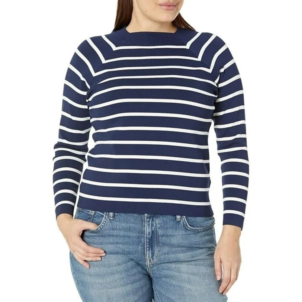 NWOT Women Lauren Ralph Lauren Navy Striped Mock Neck Sweater‎ Large Stretch